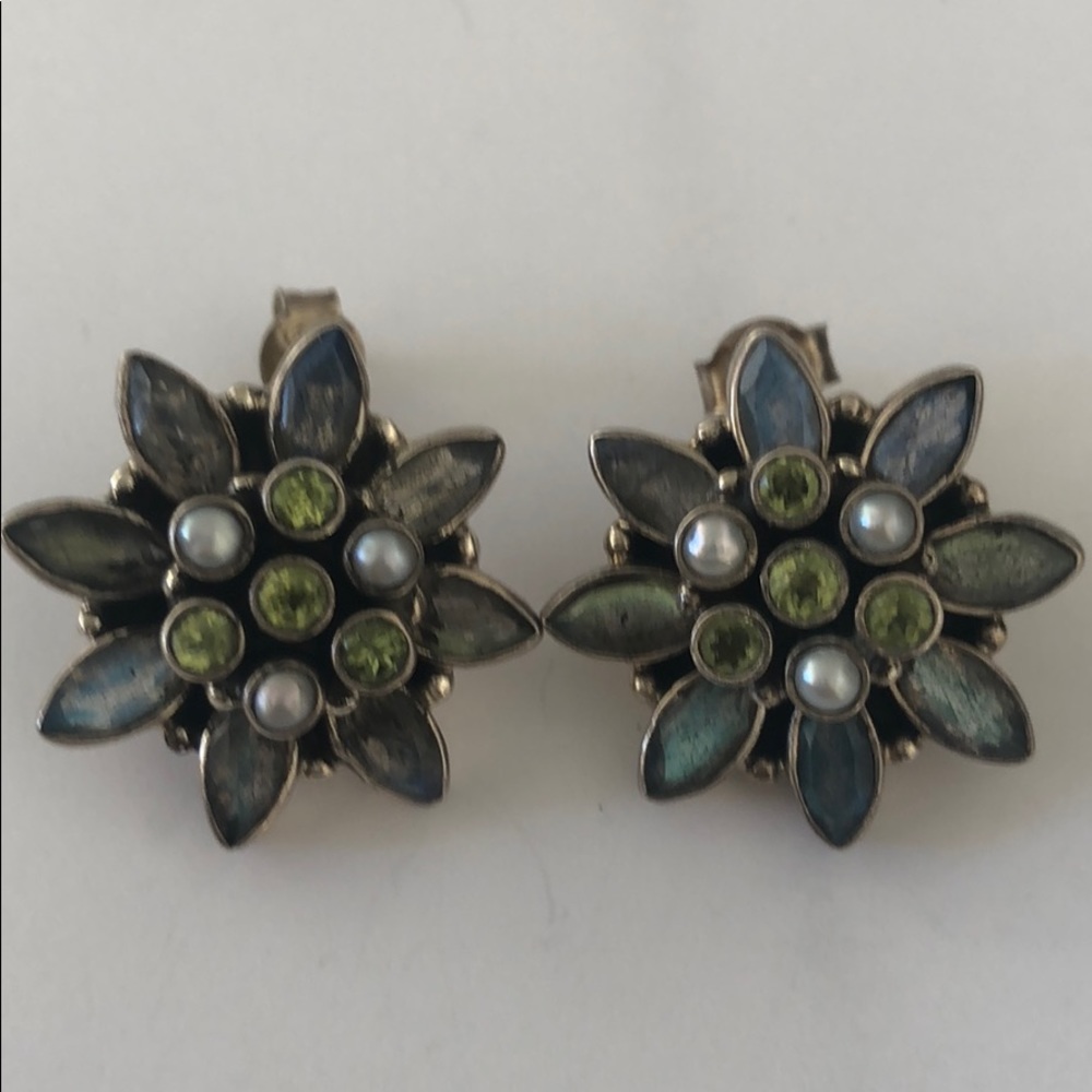 Sterling Multi Stone And Pearl India Earrings 925 - Picture 7 of 8